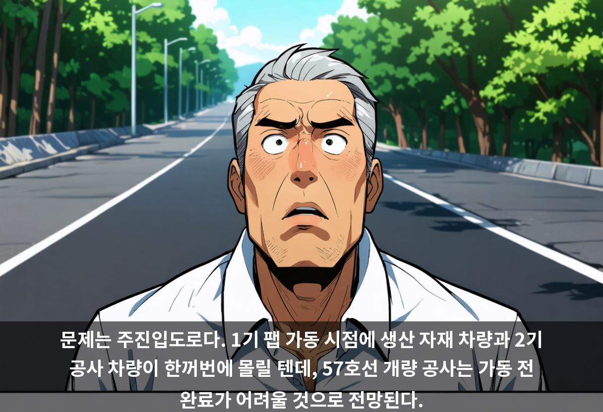 문제는 주진입도로다. 1기 팹 가동 시점에 생산 자재 차량과 2기 공사 차량이 한꺼번에 몰릴 텐데, 57호선 개량 공사는 가동 전 완료가 어려울 것으로 전망된다.