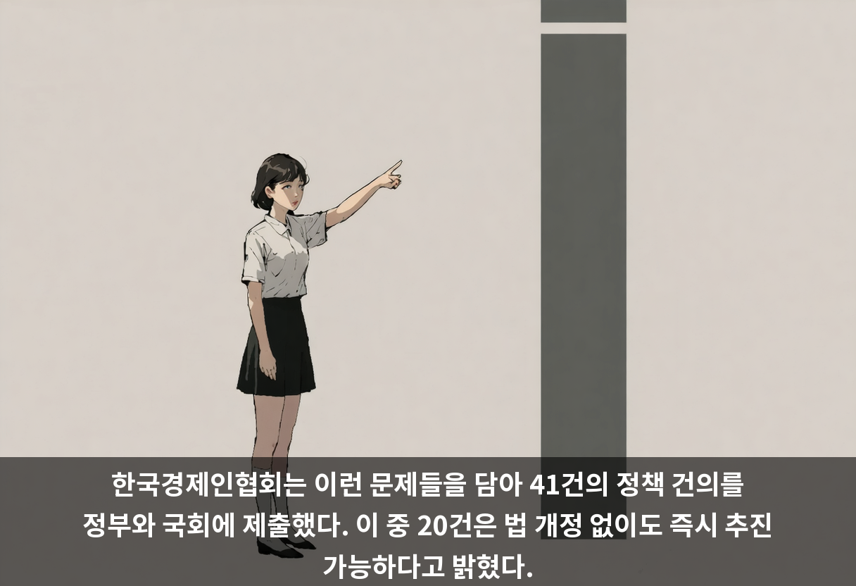 한국경제인협회는 이런 문제들을 담아 41건의 정책 건의를 정부와 국회에 제출했다. 이 중 20건은 법 개정 없이도 즉시 추진 가능하다고 밝혔다.