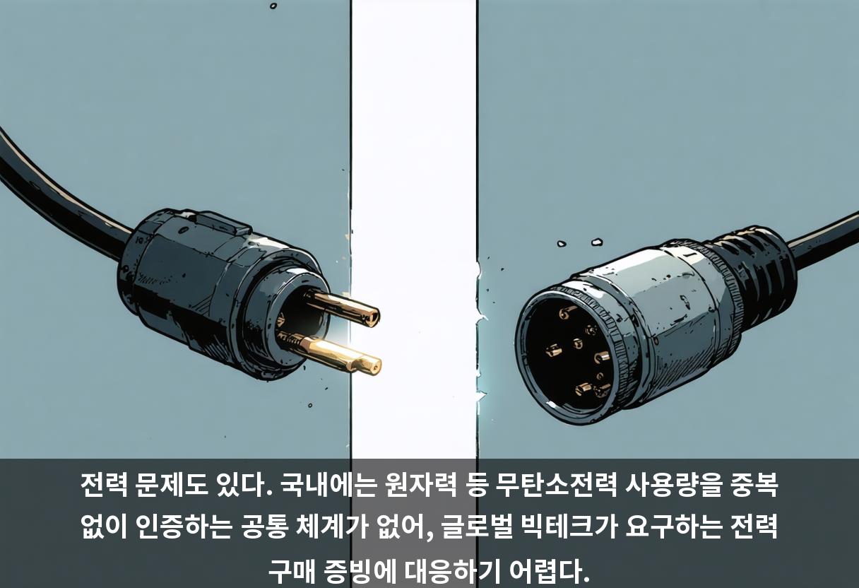전력 문제도 있다. 국내에는 원자력 등 무탄소전력 사용량을 중복 없이 인증하는 공통 체계가 없어, 글로벌 빅테크가 요구하는 전력 구매 증빙에 대응하기 어렵다.