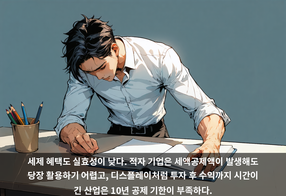 세제 혜택도 실효성이 낮다. 적자 기업은 세액공제액이 발생해도 당장 활용하기 어렵고, 디스플레이처럼 투자 후 수익까지 시간이 긴 산업은 10년 공제 기한이 부족하다.