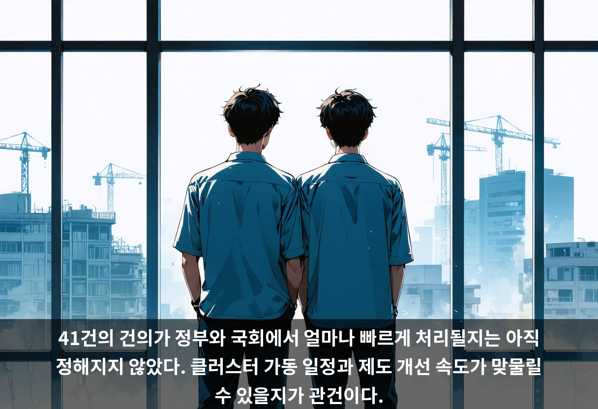41건의 건의가 정부와 국회에서 얼마나 빠르게 처리될지는 아직 정해지지 않았다. 클러스터 가동 일정과 제도 개선 속도가 맞물릴 수 있을지가 관건이다.