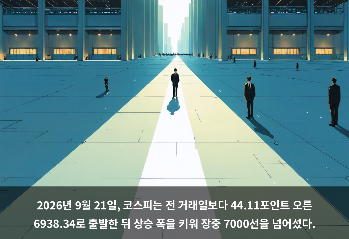 2026년 9월 21일, 코스피는 전 거래일보다 44.11포인트 오른 6938.34로 출발한 뒤 상승 폭을 키워 장중 7000선을 넘어섰다.