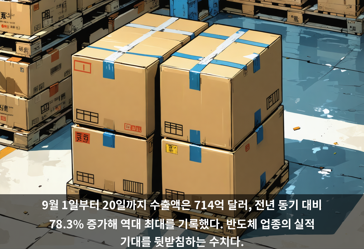 9월 1일부터 20일까지 수출액은 714억 달러, 전년 동기 대비 78.3% 증가해 역대 최대를 기록했다. 반도체 업종의 실적 기대를 뒷받침하는 수치다.
