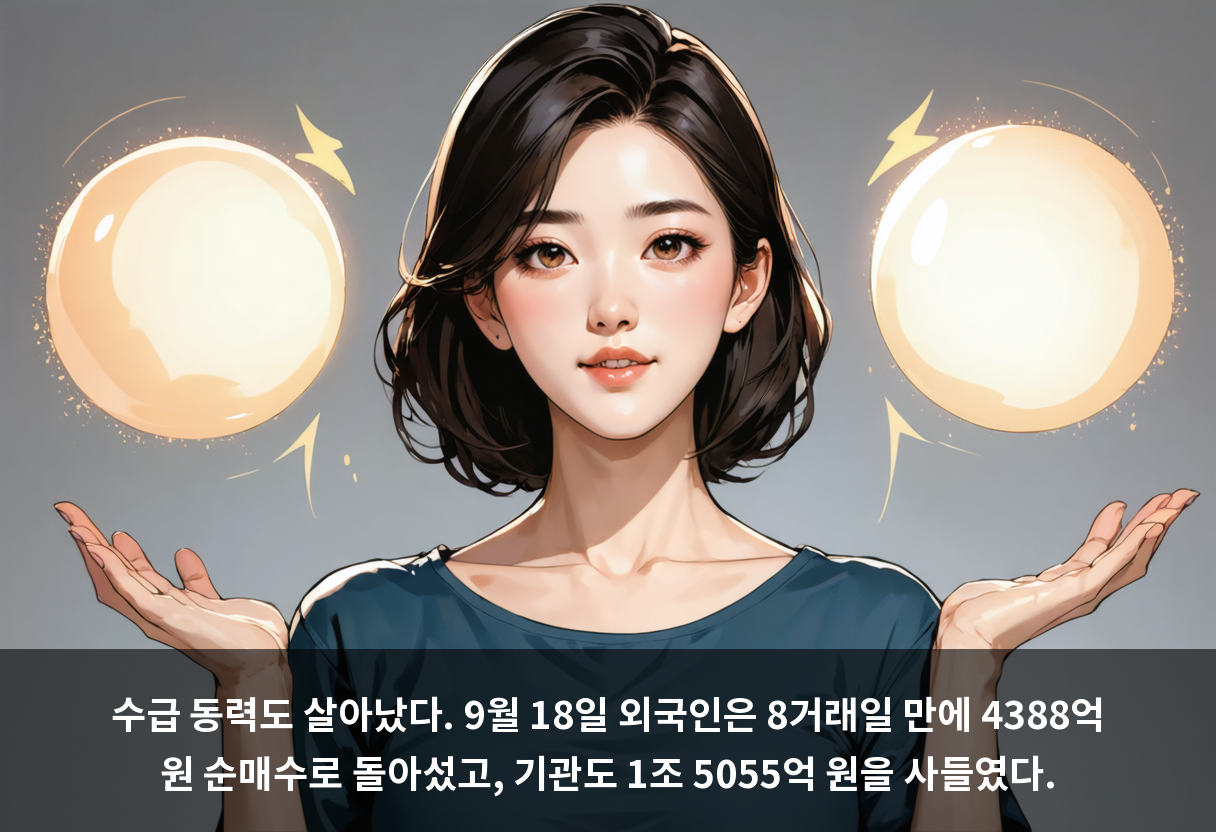 수급 동력도 살아났다. 9월 18일 외국인은 8거래일 만에 4388억 원 순매수로 돌아섰고, 기관도 1조 5055억 원을 사들였다.