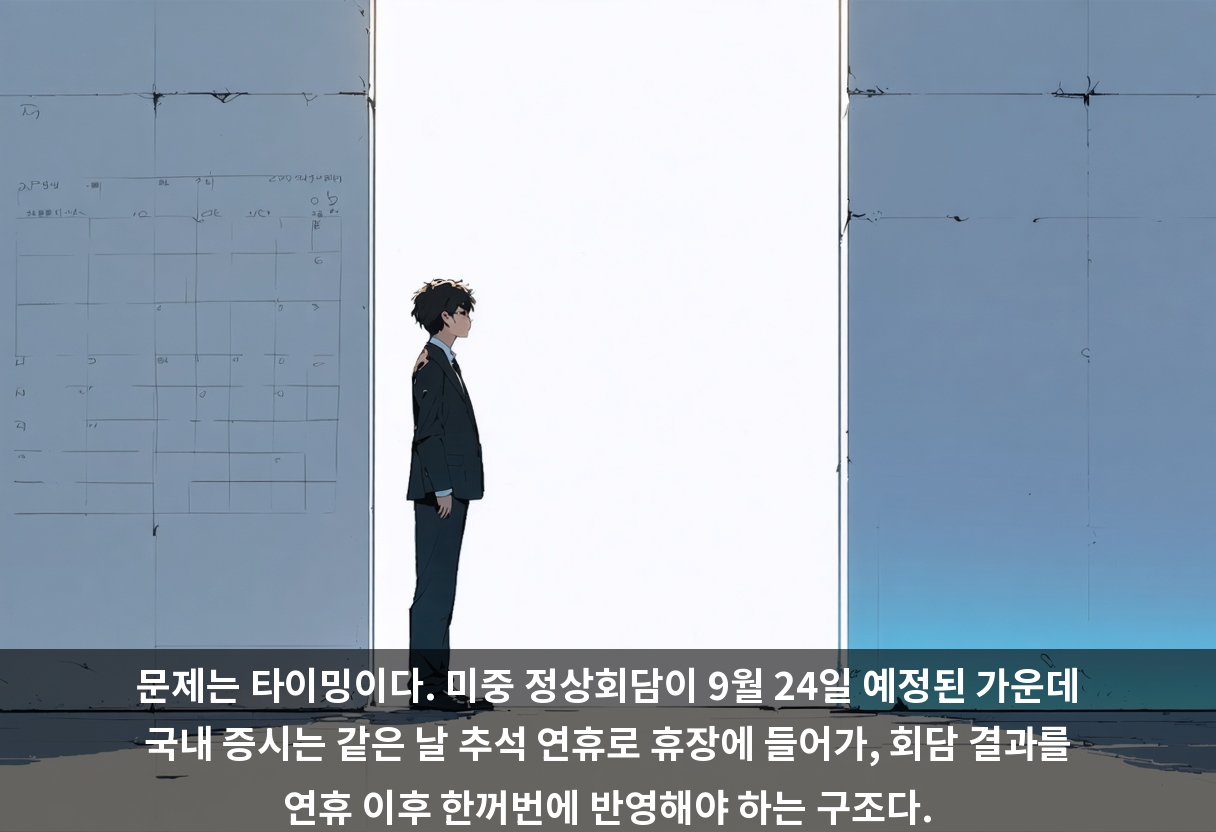 문제는 타이밍이다. 미중 정상회담이 9월 24일 예정된 가운데 국내 증시는 같은 날 추석 연휴로 휴장에 들어가, 회담 결과를 연휴 이후 한꺼번에 반영해야 하는 구조다.