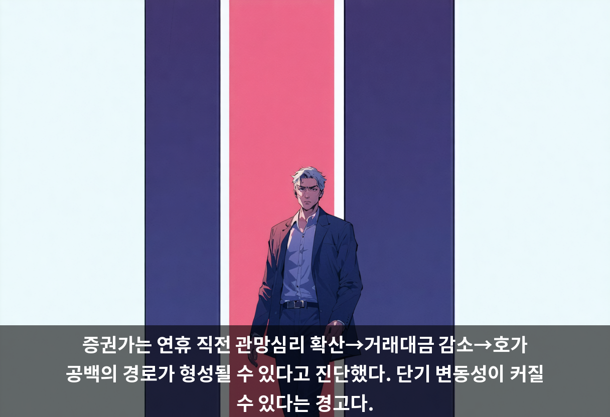 증권가는 연휴 직전 관망심리 확산→거래대금 감소→호가 공백의 경로가 형성될 수 있다고 진단했다. 단기 변동성이 커질 수 있다는 경고다.