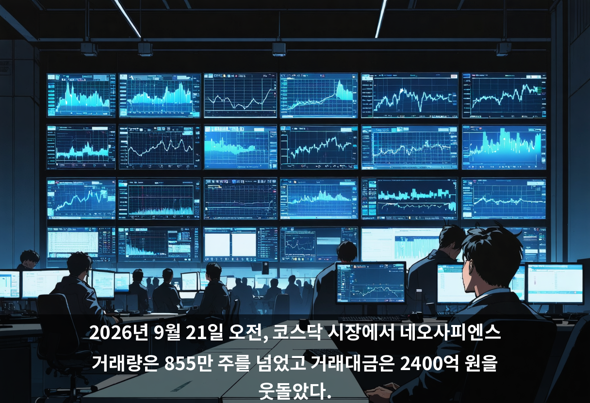 2026년 9월 21일 오전, 코스닥 시장에서 네오사피엔스 거래량은 855만 주를 넘었고 거래대금은 2400억 원을 웃돌았다.