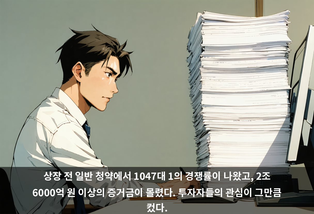 상장 전 일반 청약에서 1047대 1의 경쟁률이 나왔고, 2조 6000억 원 이상의 증거금이 몰렸다. 투자자들의 관심이 그만큼 컸다.