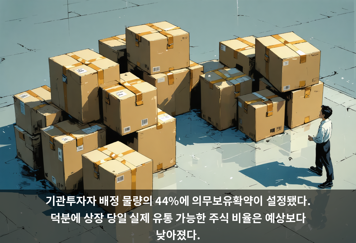 기관투자자 배정 물량의 44%에 의무보유확약이 설정됐다. 덕분에 상장 당일 실제 유통 가능한 주식 비율은 예상보다 낮아졌다.