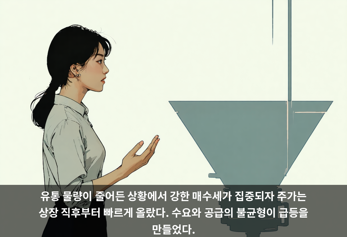 유통 물량이 줄어든 상황에서 강한 매수세가 집중되자 주가는 상장 직후부터 빠르게 올랐다. 수요와 공급의 불균형이 급등을 만들었다.