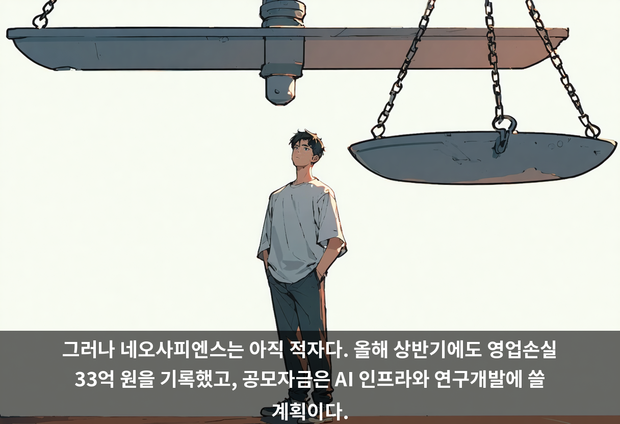 그러나 네오사피엔스는 아직 적자다. 올해 상반기에도 영업손실 33억 원을 기록했고, 공모자금은 AI 인프라와 연구개발에 쓸 계획이다.