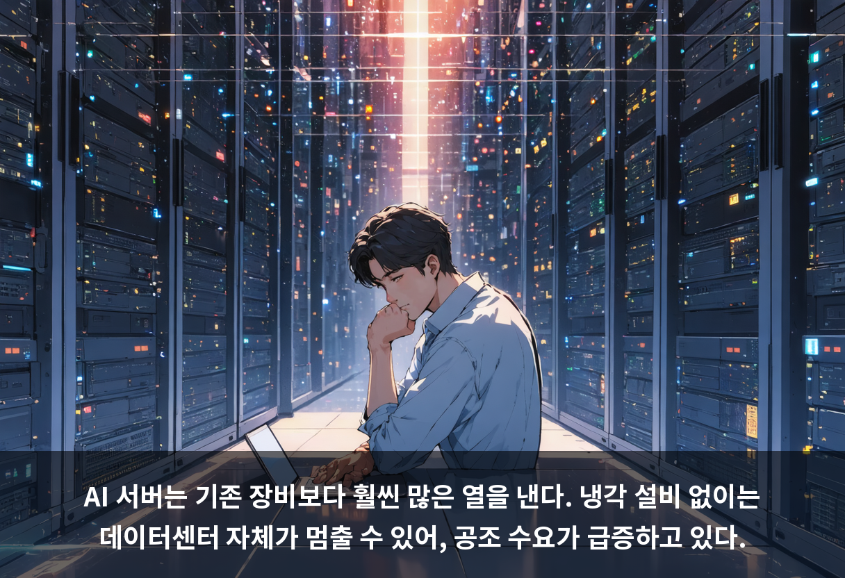 AI 서버는 기존 장비보다 훨씬 많은 열을 낸다. 냉각 설비 없이는 데이터센터 자체가 멈출 수 있어, 공조 수요가 급증하고 있다.