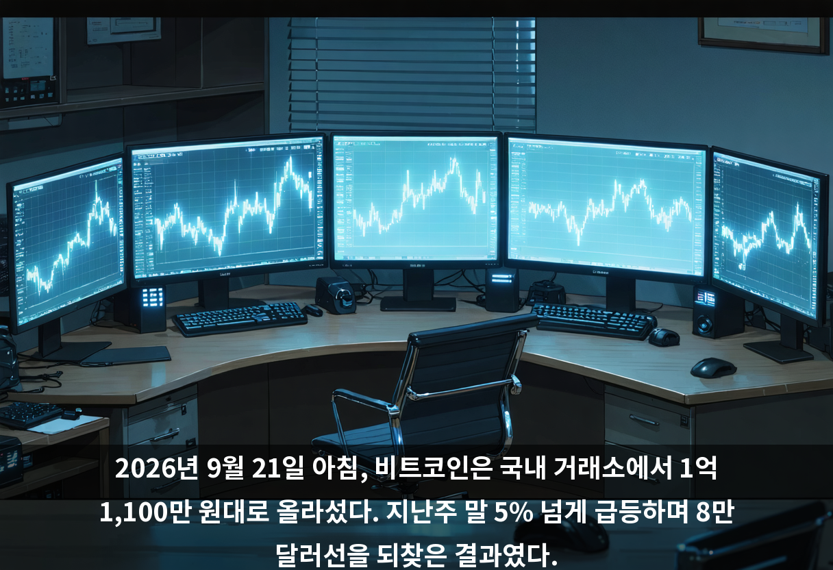 2026년 9월 21일 아침, 비트코인은 국내 거래소에서 1억 1,100만 원대로 올라섰다. 지난주 말 5% 넘게 급등하며 8만 달러선을 되찾은 결과였다.