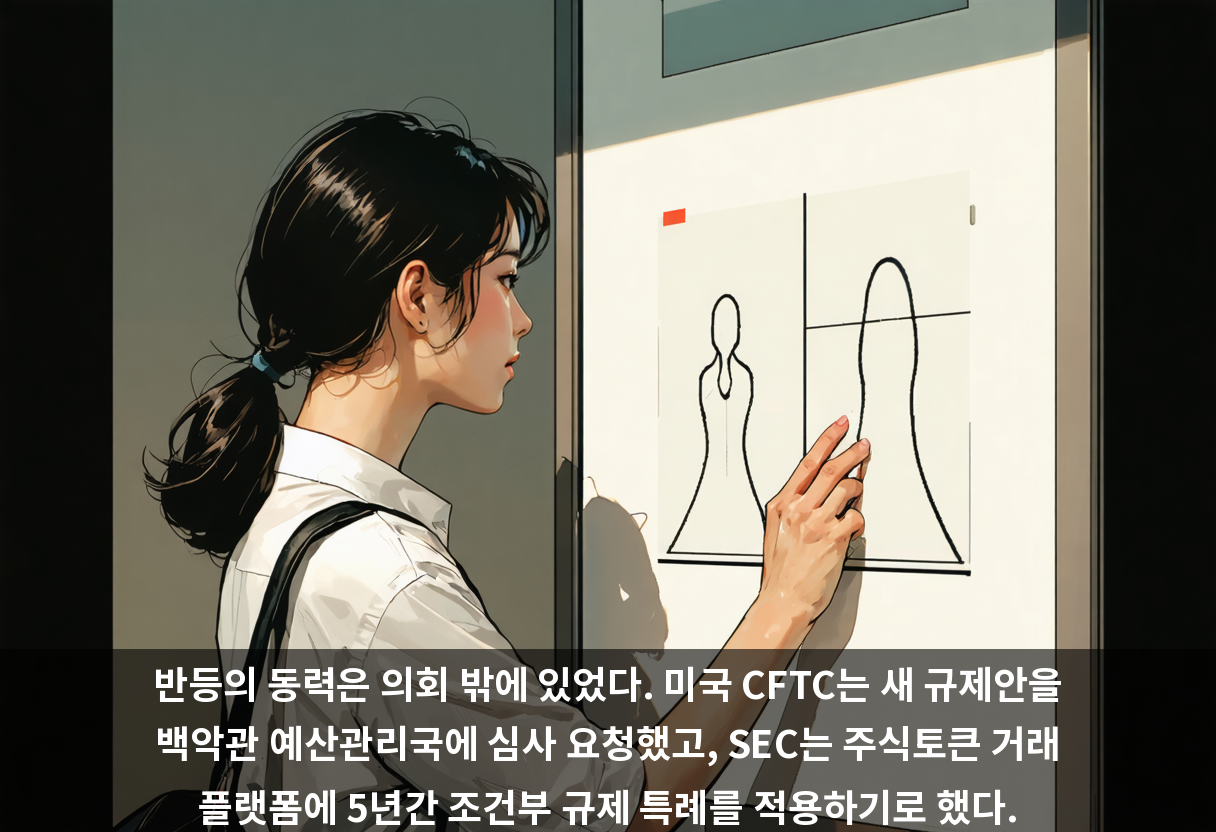 반등의 동력은 의회 밖에 있었다. 미국 CFTC는 새 규제안을 백악관 예산관리국에 심사 요청했고, SEC는 주식토큰 거래 플랫폼에 5년간 조건부 규제 특례를 적용하기로 했다.
