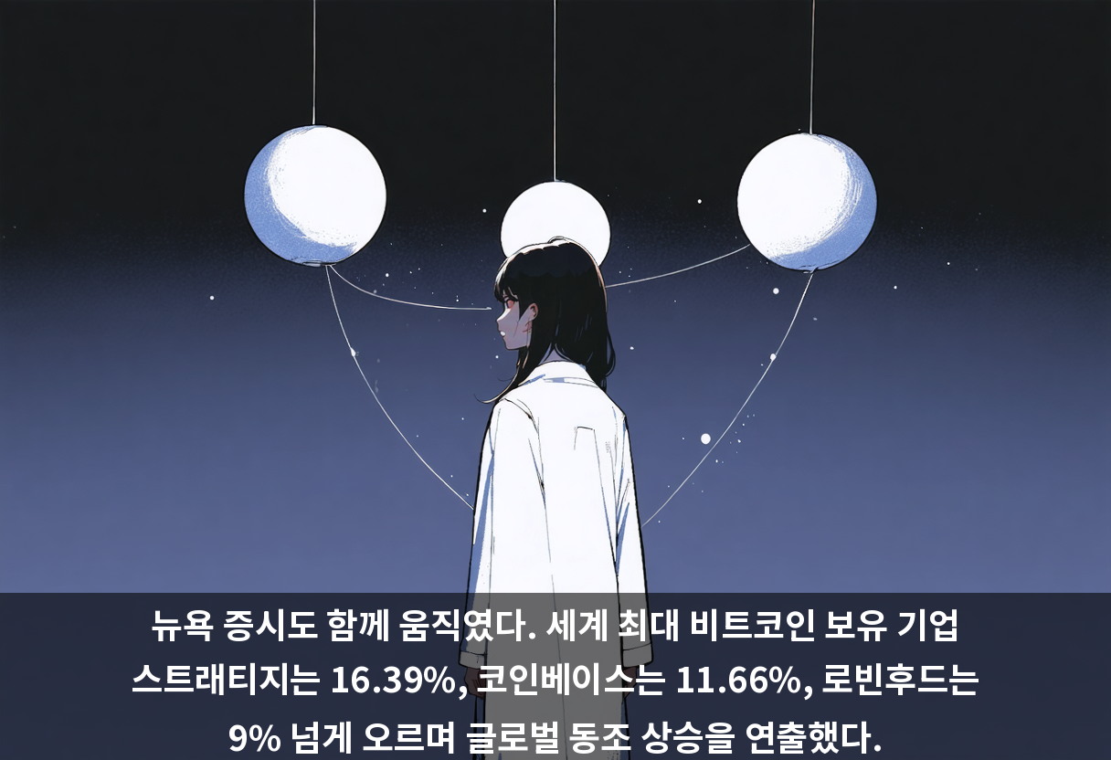 뉴욕 증시도 함께 움직였다. 세계 최대 비트코인 보유 기업 스트래티지는 16.39%, 코인베이스는 11.66%, 로빈후드는 9% 넘게 오르며 글로벌 동조 상승을 연출했다.