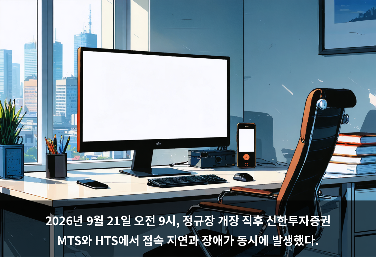 2026년 9월 21일 오전 9시, 정규장 개장 직후 신한투자증권 MTS와 HTS에서 접속 지연과 장애가 동시에 발생했다.