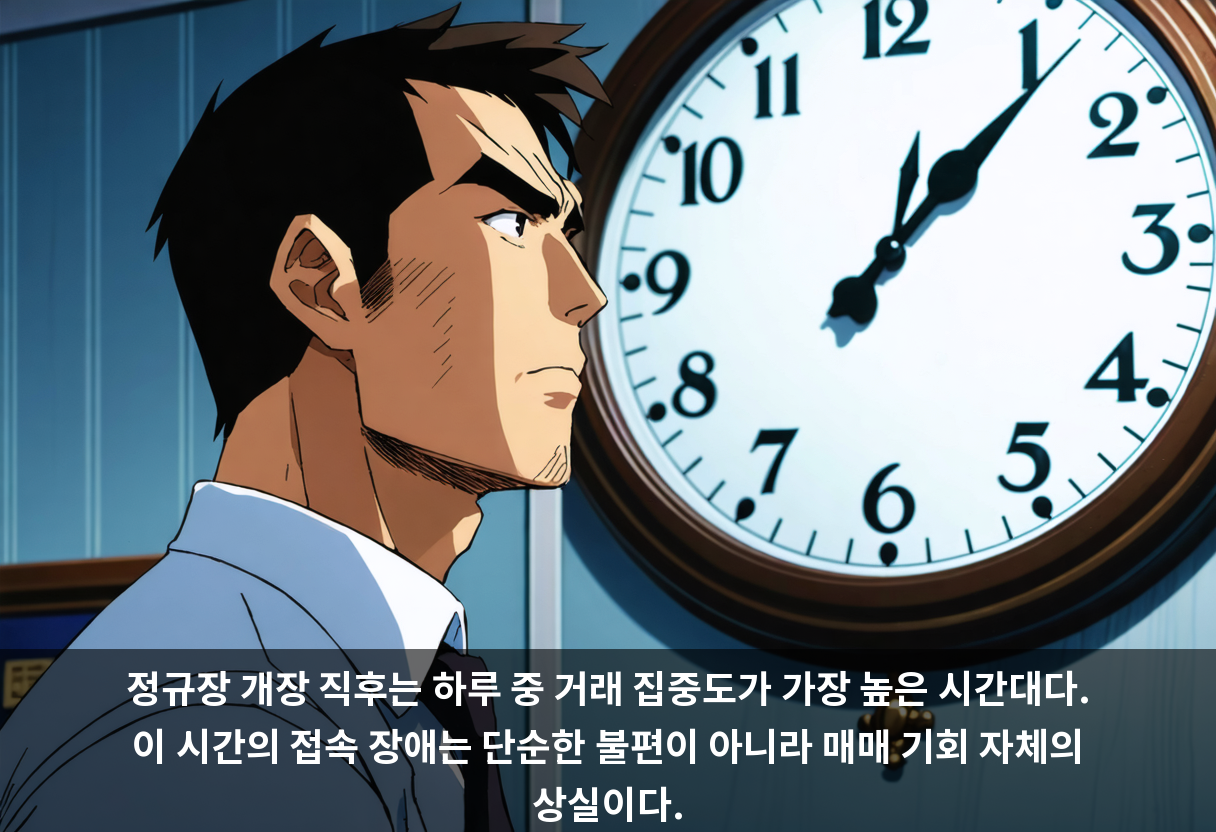 정규장 개장 직후는 하루 중 거래 집중도가 가장 높은 시간대다. 이 시간의 접속 장애는 단순한 불편이 아니라 매매 기회 자체의 상실이다.