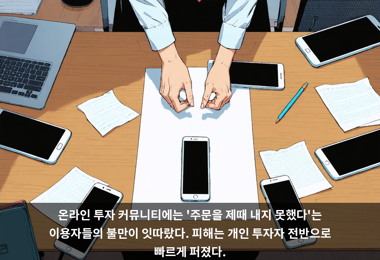 온라인 투자 커뮤니티에는 '주문을 제때 내지 못했다'는 이용자들의 불만이 잇따랐다. 피해는 개인 투자자 전반으로 빠르게 퍼졌다.