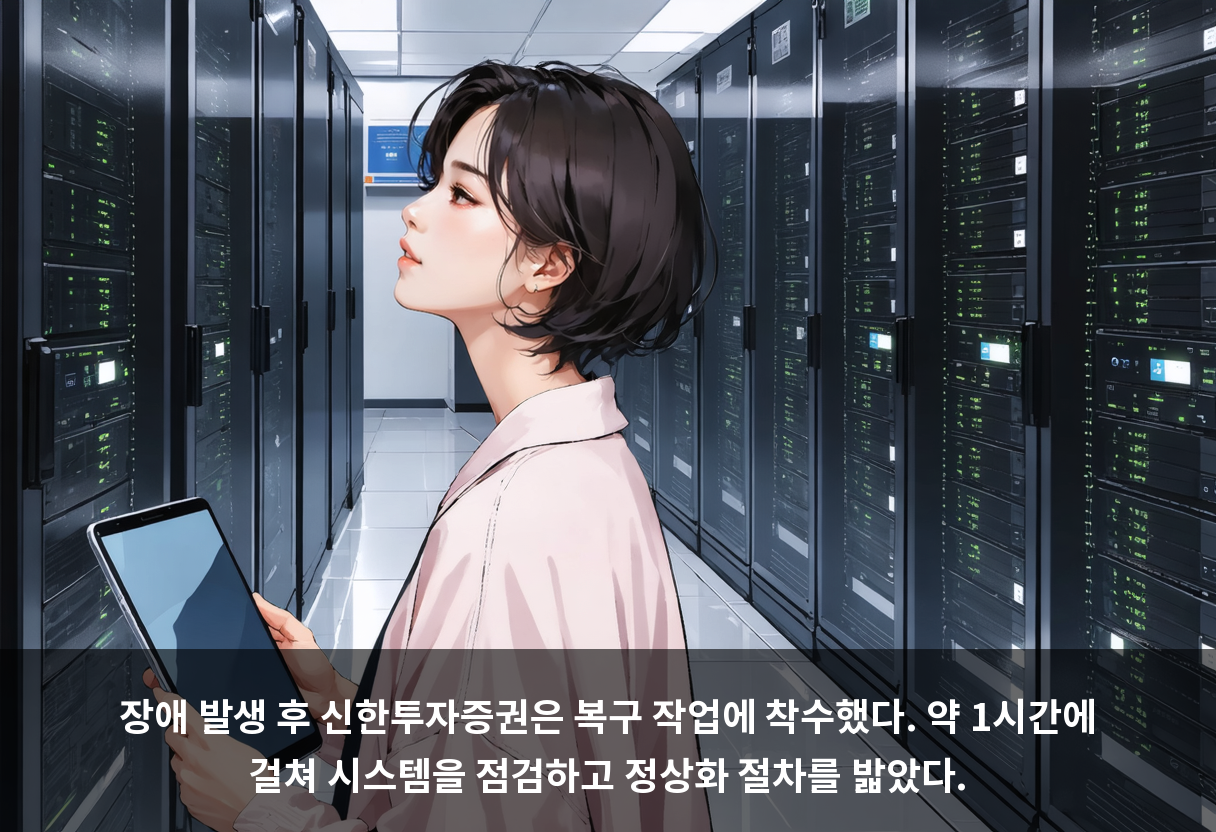 장애 발생 후 신한투자증권은 복구 작업에 착수했다. 약 1시간에 걸쳐 시스템을 점검하고 정상화 절차를 밟았다.