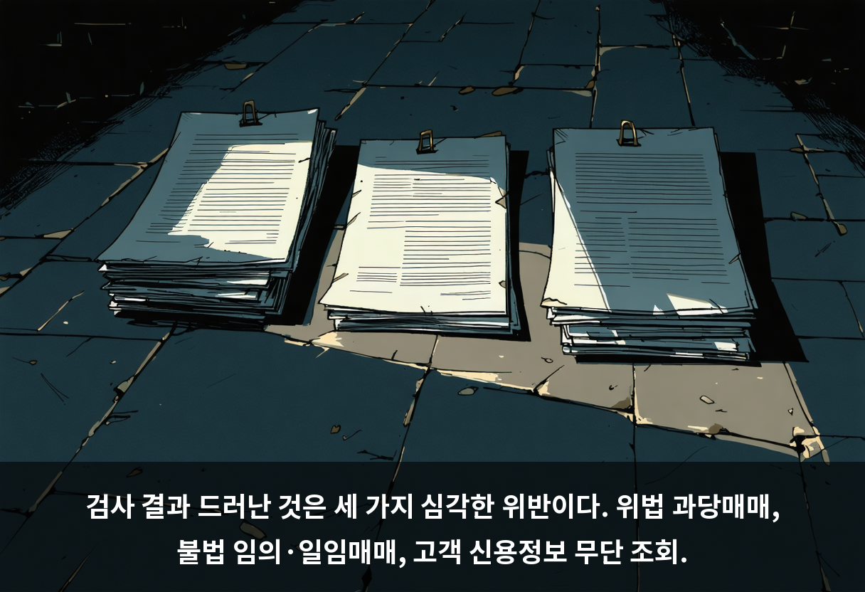 검사 결과 드러난 것은 세 가지 심각한 위반이다. 위법 과당매매, 불법 임의·일임매매, 고객 신용정보 무단 조회.