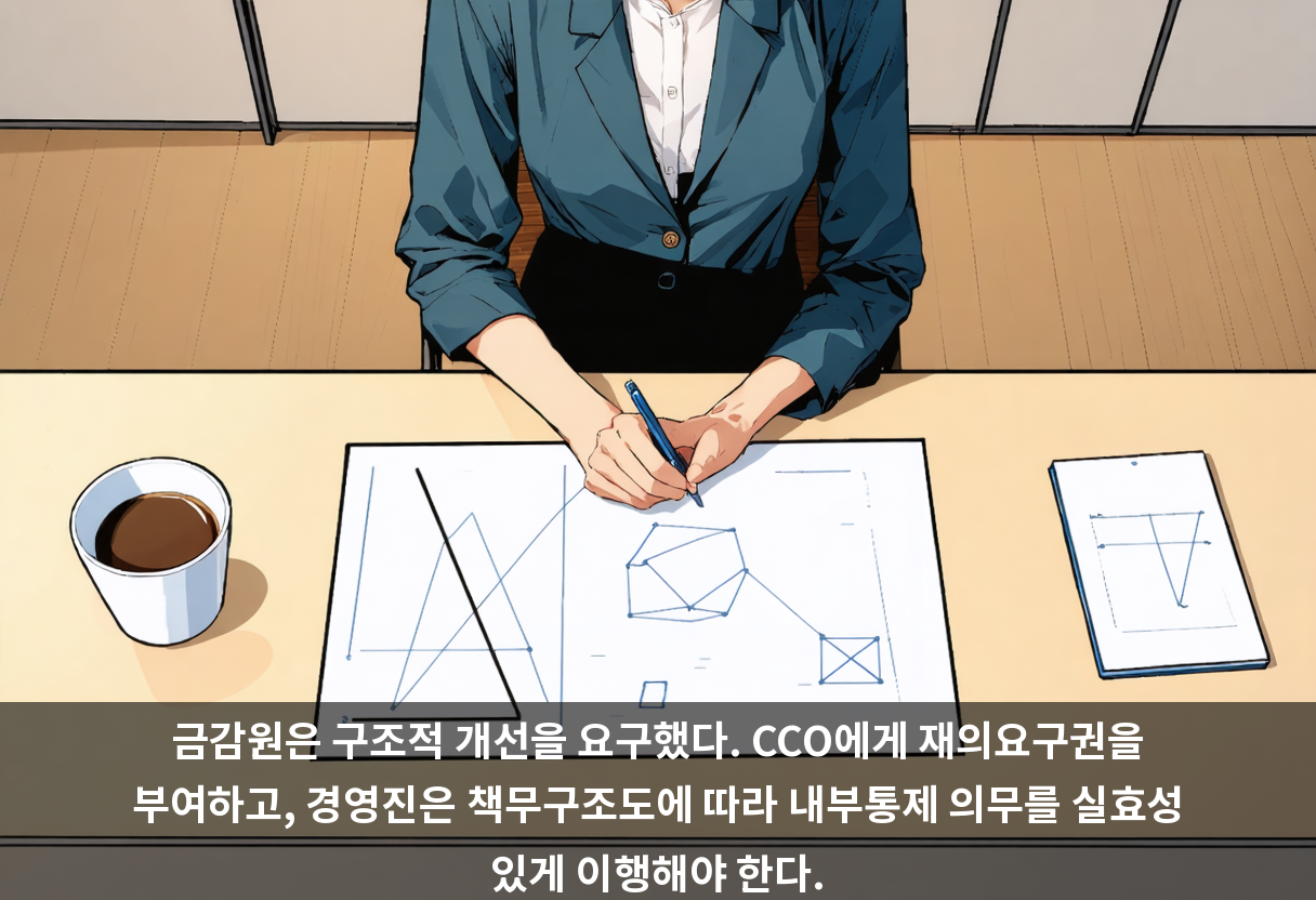 금감원은 구조적 개선을 요구했다. CCO에게 재의요구권을 부여하고, 경영진은 책무구조도에 따라 내부통제 의무를 실효성 있게 이행해야 한다.
