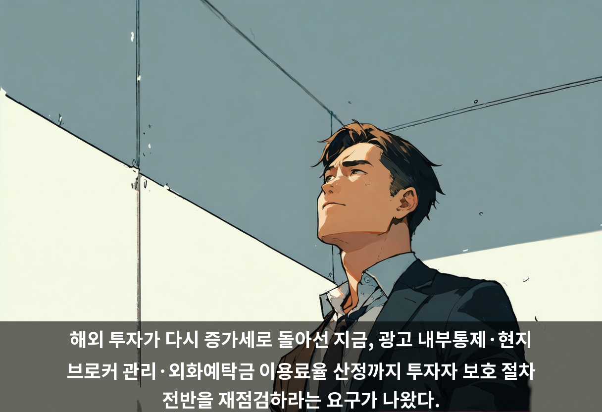 해외 투자가 다시 증가세로 돌아선 지금, 광고 내부통제·현지 브로커 관리·외화예탁금 이용료율 산정까지 투자자 보호 절차 전반을 재점검하라는 요구가 나왔다.