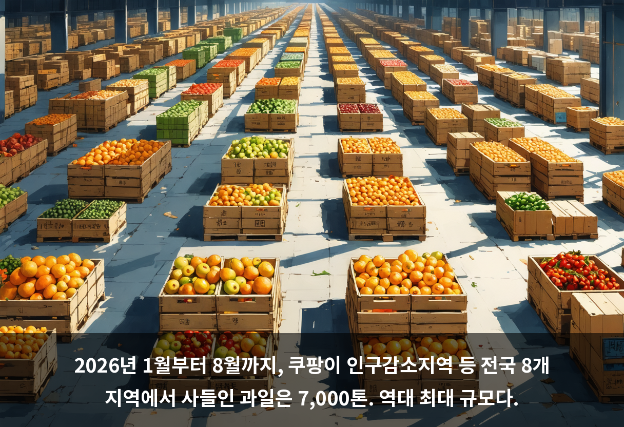 2026년 1월부터 8월까지, 쿠팡이 인구감소지역 등 전국 8개 지역에서 사들인 과일은 7,000톤. 역대 최대 규모다.