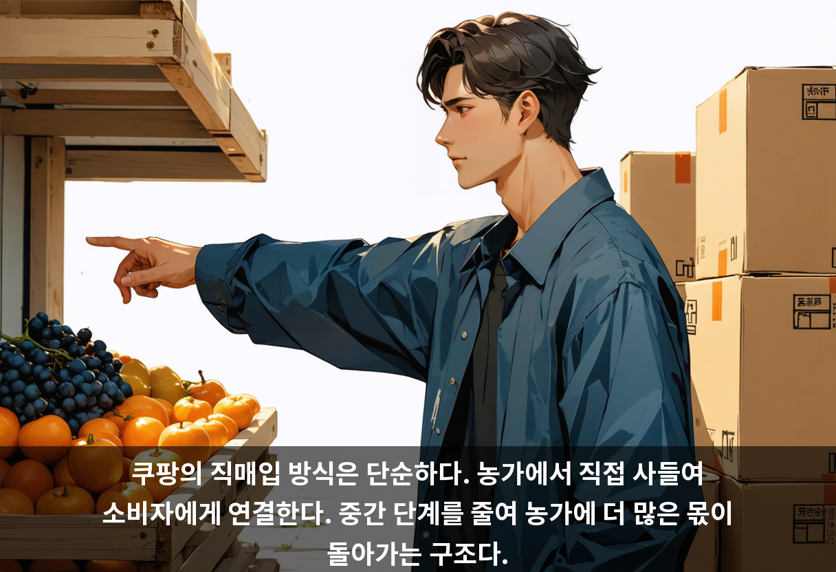 쿠팡의 직매입 방식은 단순하다. 농가에서 직접 사들여 소비자에게 연결한다. 중간 단계를 줄여 농가에 더 많은 몫이 돌아가는 구조다.