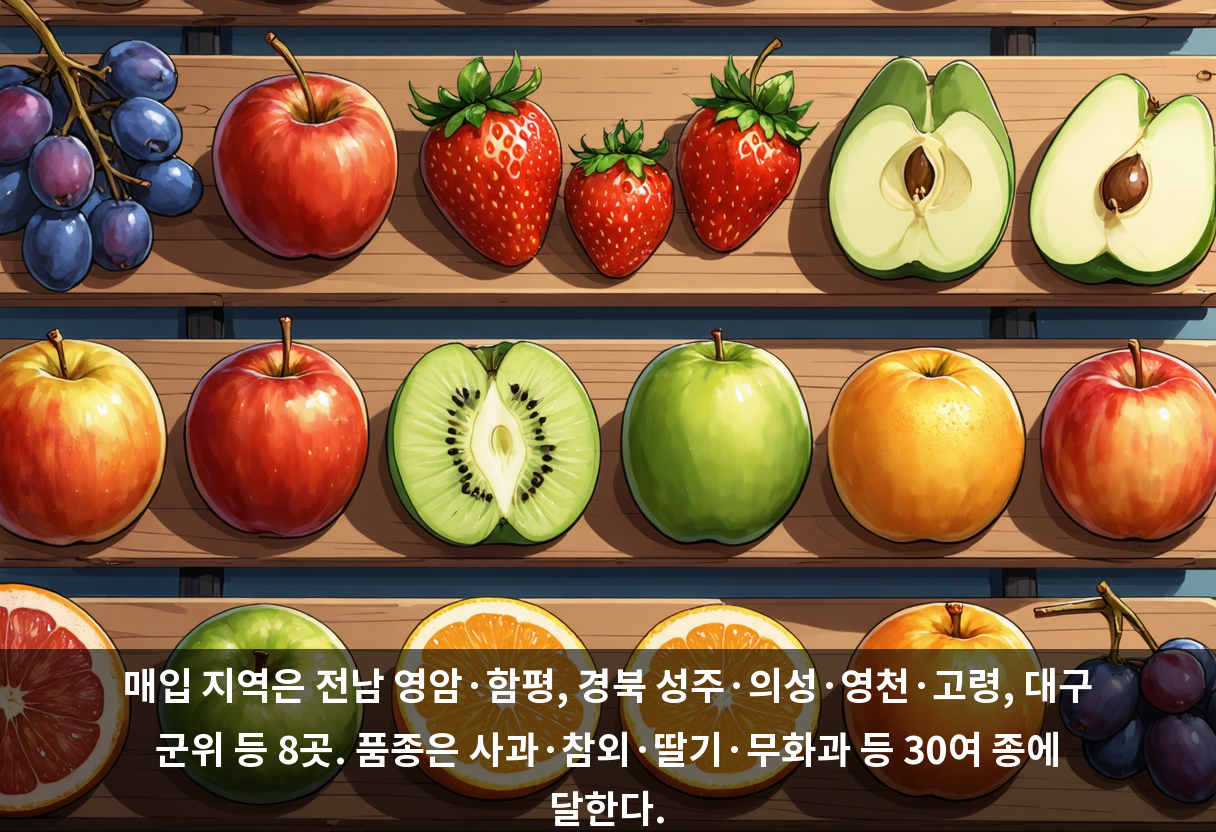 매입 지역은 전남 영암·함평, 경북 성주·의성·영천·고령, 대구 군위 등 8곳. 품종은 사과·참외·딸기·무화과 등 30여 종에 달한다.