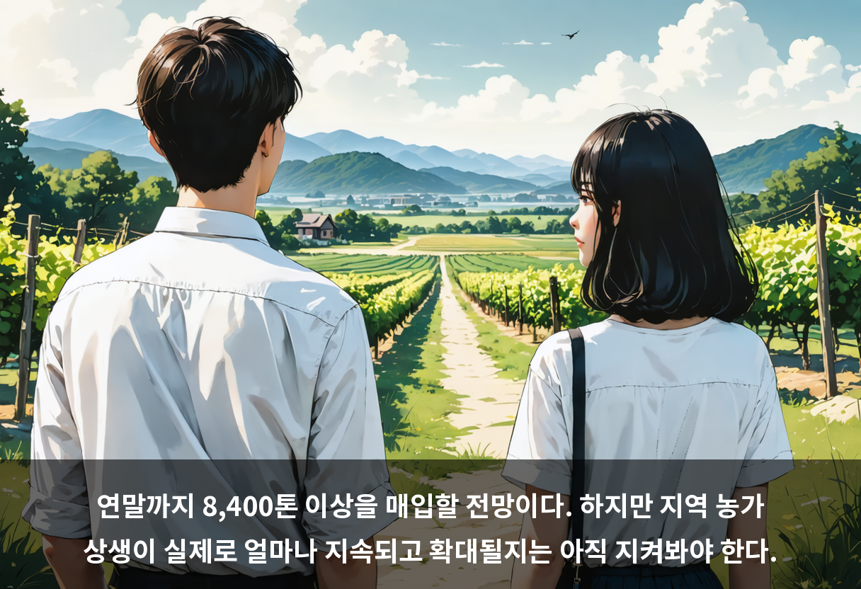 연말까지 8,400톤 이상을 매입할 전망이다. 하지만 지역 농가 상생이 실제로 얼마나 지속되고 확대될지는 아직 지켜봐야 한다.