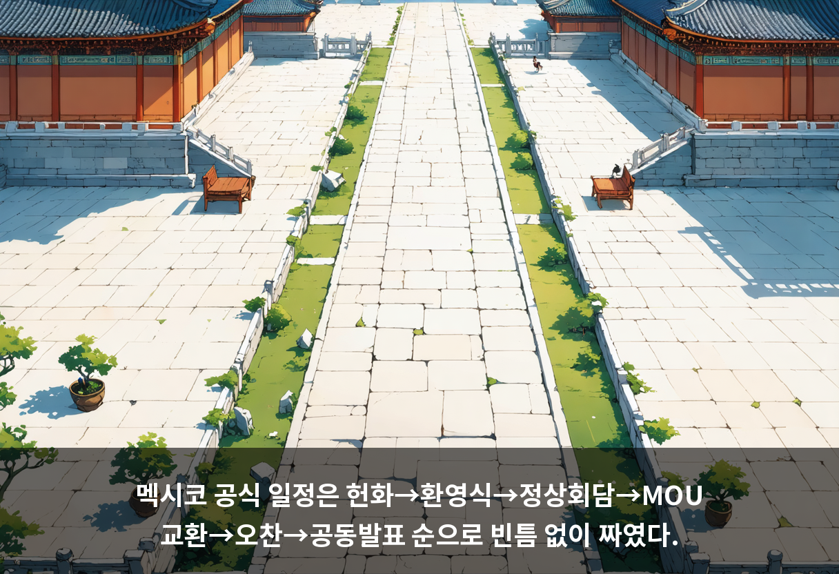 멕시코 공식 일정은 헌화→환영식→정상회담→MOU 교환→오찬→공동발표 순으로 빈틈 없이 짜였다.