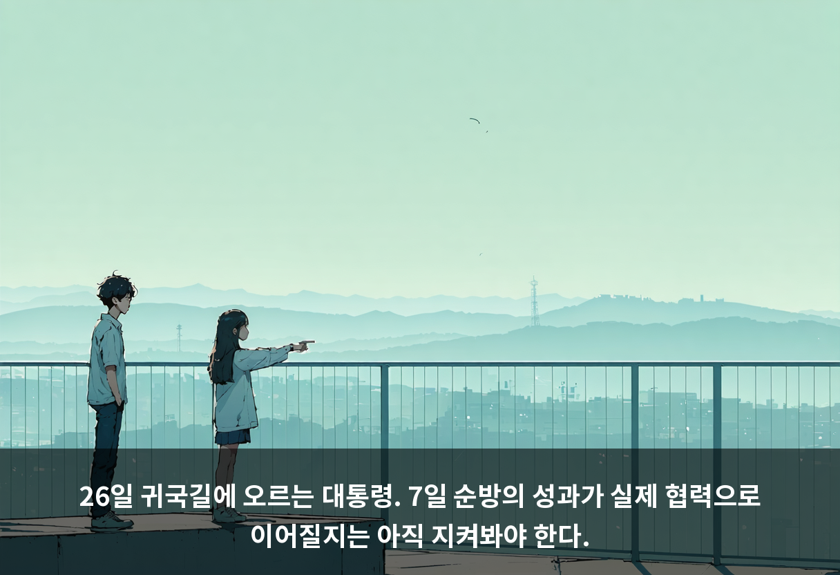 26일 귀국길에 오르는 대통령. 7일 순방의 성과가 실제 협력으로 이어질지는 아직 지켜봐야 한다.