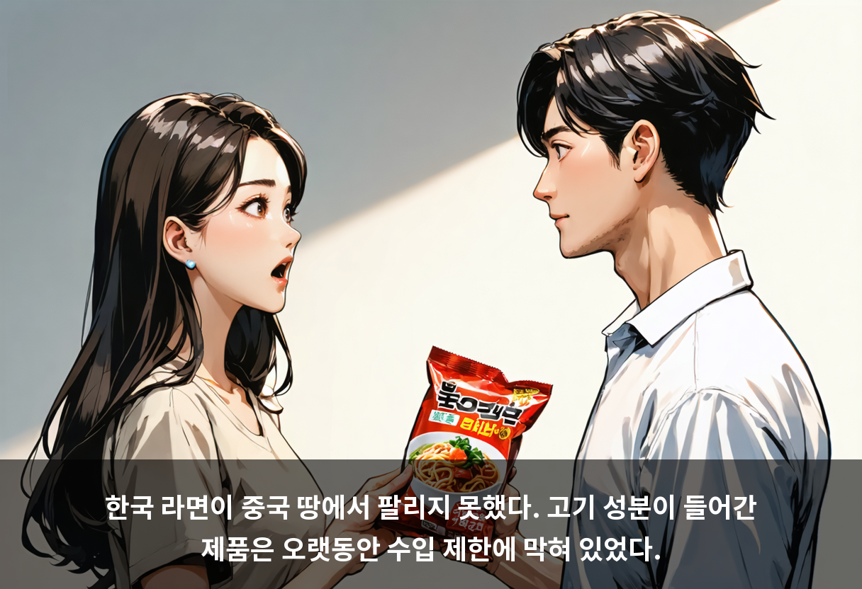 한국 라면이 중국 땅에서 팔리지 못했다. 고기 성분이 들어간 제품은 오랫동안 수입 제한에 막혀 있었다.