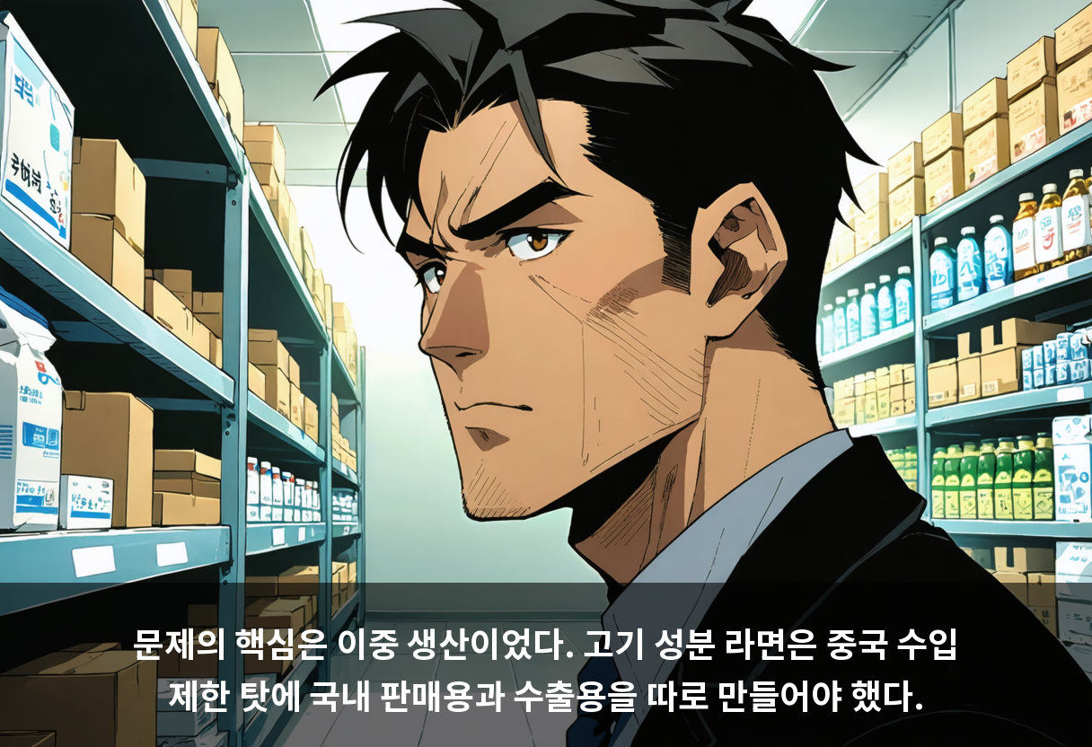 문제의 핵심은 이중 생산이었다. 고기 성분 라면은 중국 수입 제한 탓에 국내 판매용과 수출용을 따로 만들어야 했다.