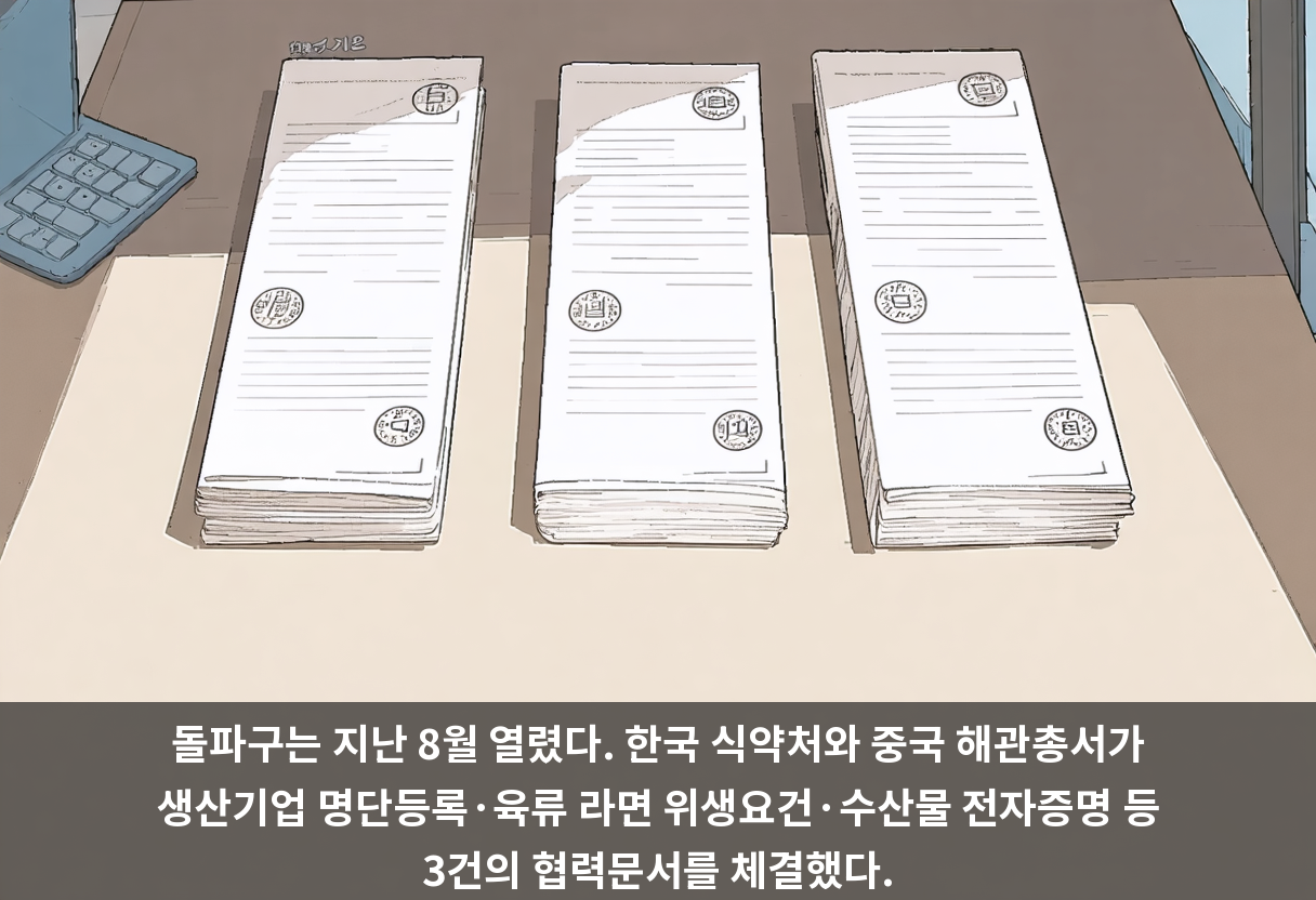 돌파구는 지난 8월 열렸다. 한국 식약처와 중국 해관총서가 생산기업 명단등록·육류 라면 위생요건·수산물 전자증명 등 3건의 협력문서를 체결했다.