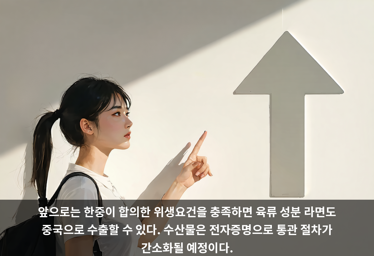 앞으로는 한중이 합의한 위생요건을 충족하면 육류 성분 라면도 중국으로 수출할 수 있다. 수산물은 전자증명으로 통관 절차가 간소화될 예정이다.