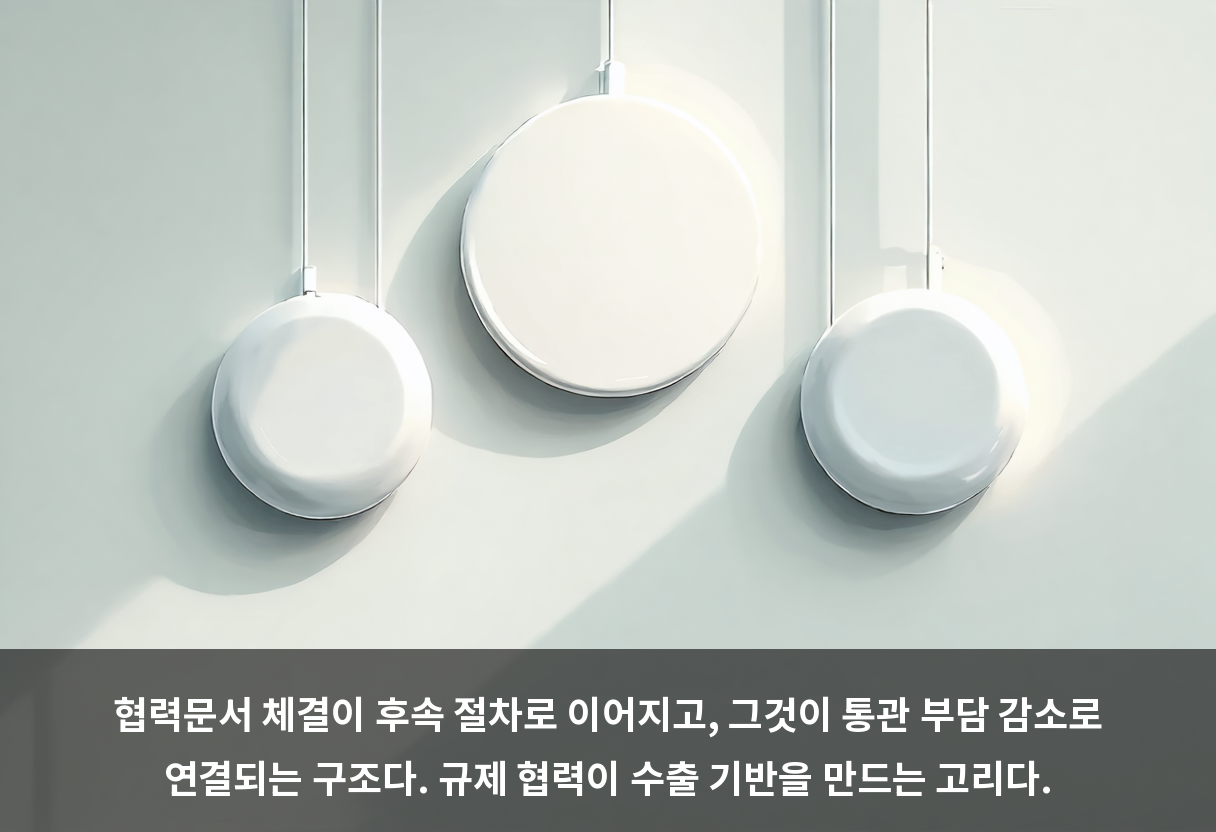 협력문서 체결이 후속 절차로 이어지고, 그것이 통관 부담 감소로 연결되는 구조다. 규제 협력이 수출 기반을 만드는 고리다.
