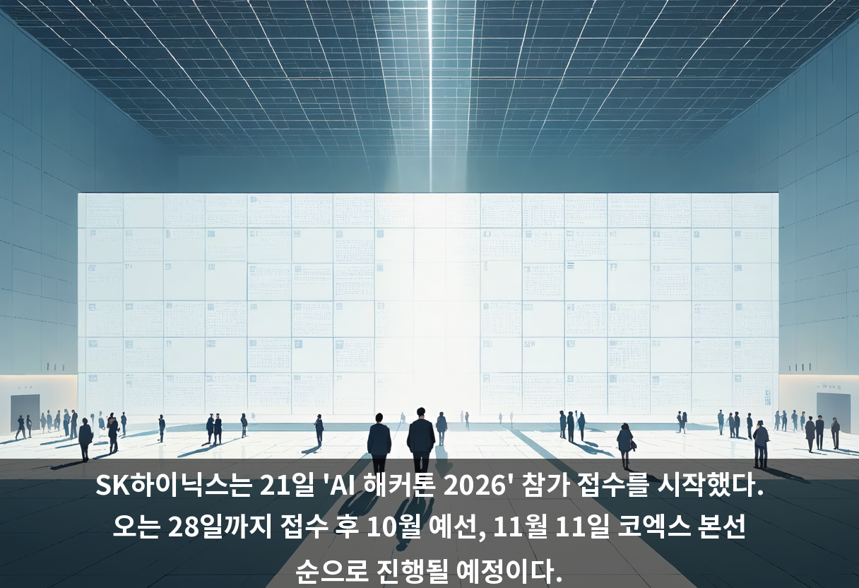 SK하이닉스는 21일 'AI 해커톤 2026' 참가 접수를 시작했다. 오는 28일까지 접수 후 10월 예선, 11월 11일 코엑스 본선 순으로 진행될 예정이다.