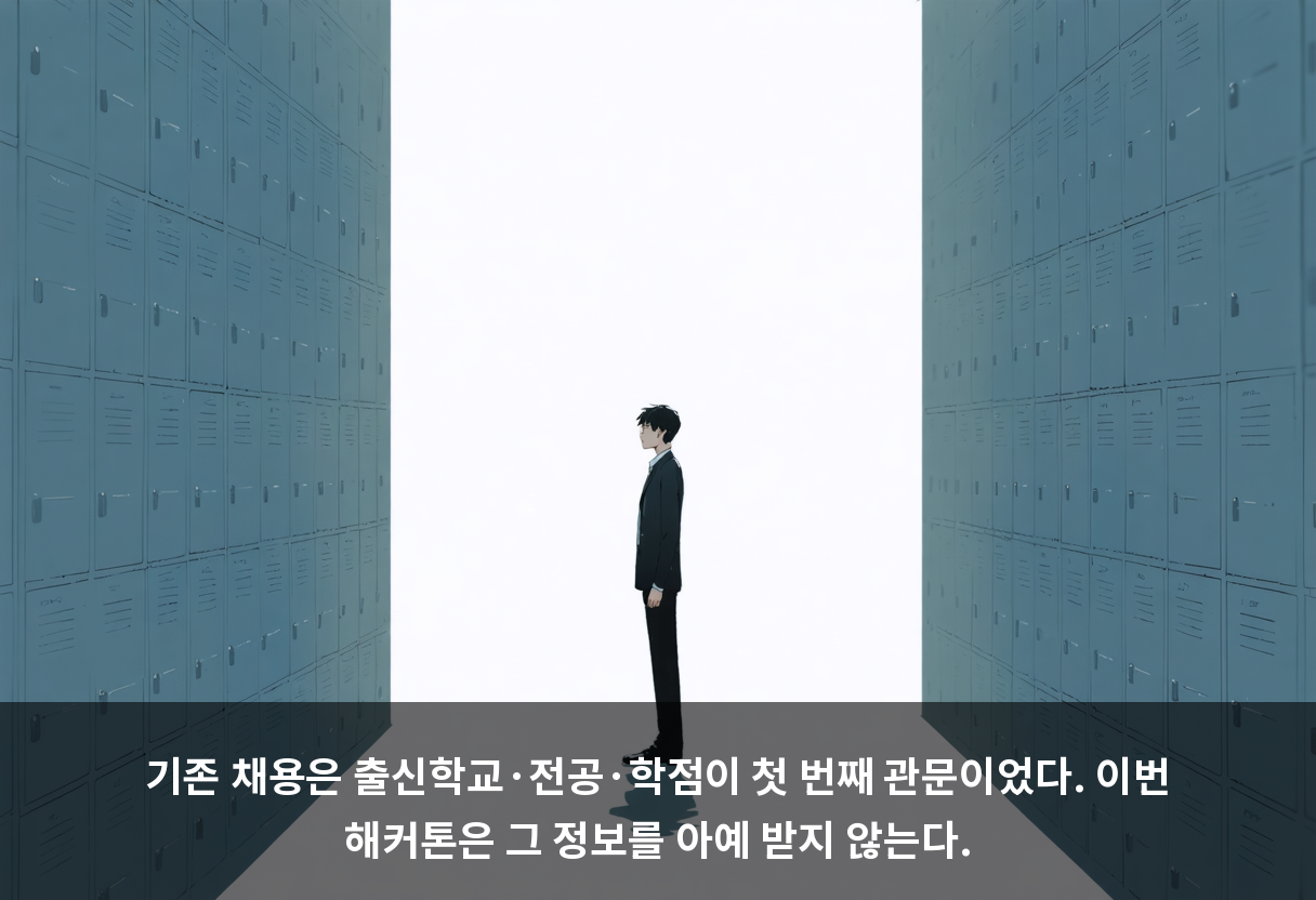 기존 채용은 출신학교·전공·학점이 첫 번째 관문이었다. 이번 해커톤은 그 정보를 아예 받지 않는다.