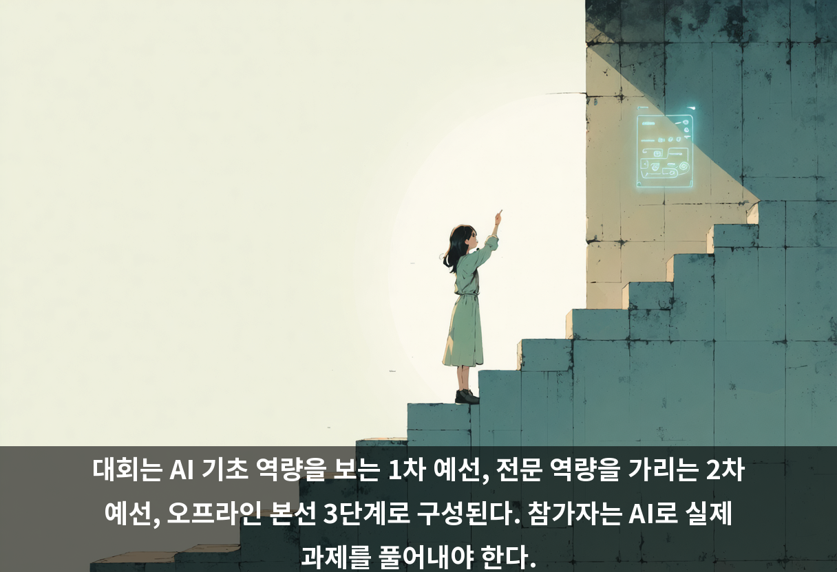 대회는 AI 기초 역량을 보는 1차 예선, 전문 역량을 가리는 2차 예선, 오프라인 본선 3단계로 구성된다. 참가자는 AI로 실제 과제를 풀어내야 한다.