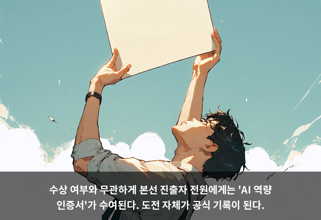 수상 여부와 무관하게 본선 진출자 전원에게는 'AI 역량 인증서'가 수여된다. 도전 자체가 공식 기록이 된다.