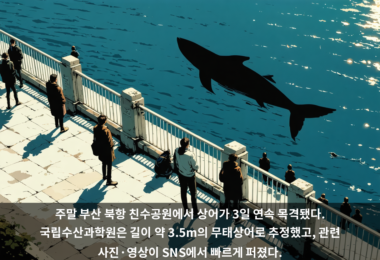 주말 부산 북항 친수공원에서 상어가 3일 연속 목격됐다. 국립수산과학원은 길이 약 3.5m의 무태상어로 추정했고, 관련 사진·영상이 SNS에서 빠르게 퍼졌다.