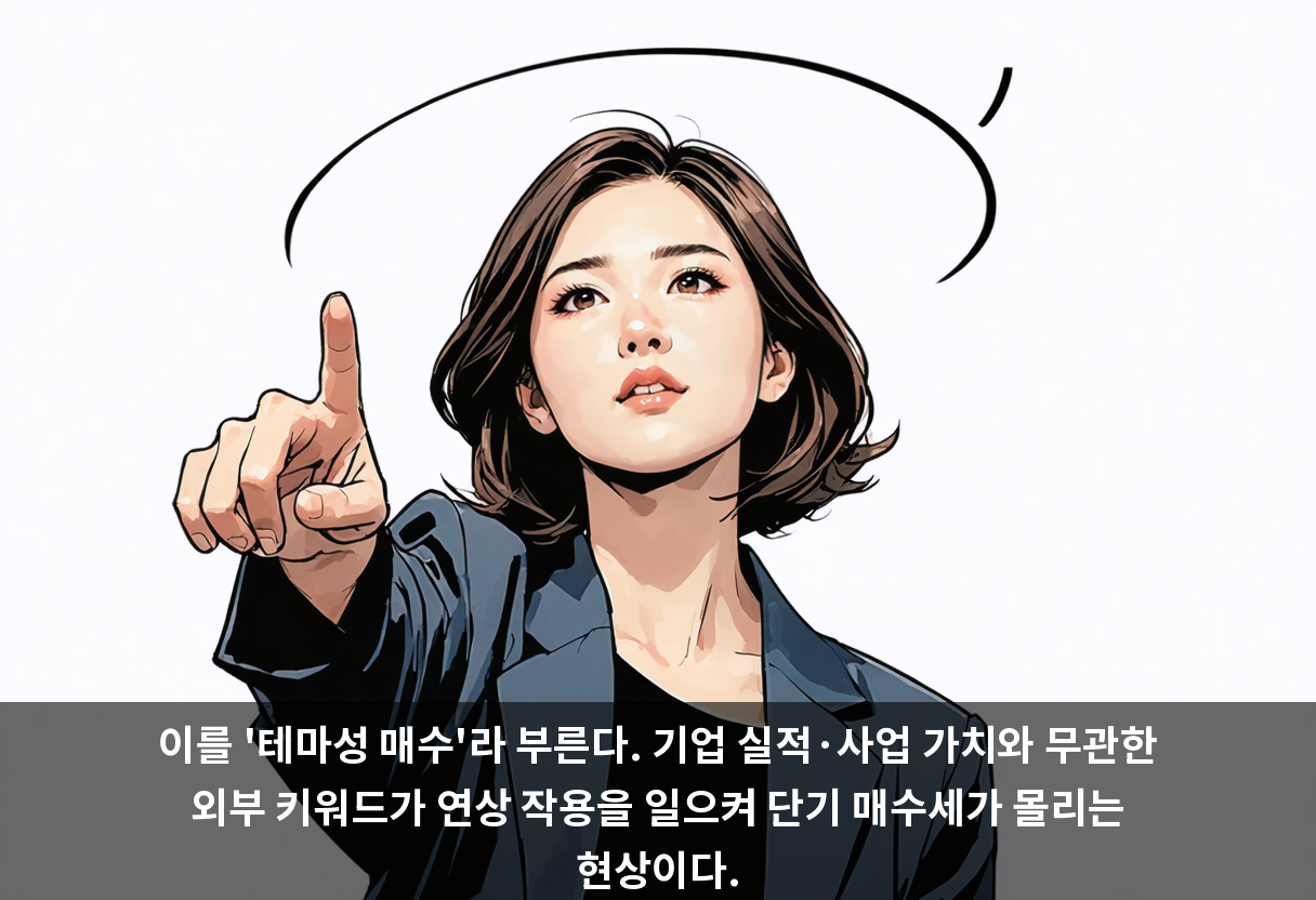 이를 '테마성 매수'라 부른다. 기업 실적·사업 가치와 무관한 외부 키워드가 연상 작용을 일으켜 단기 매수세가 몰리는 현상이다.