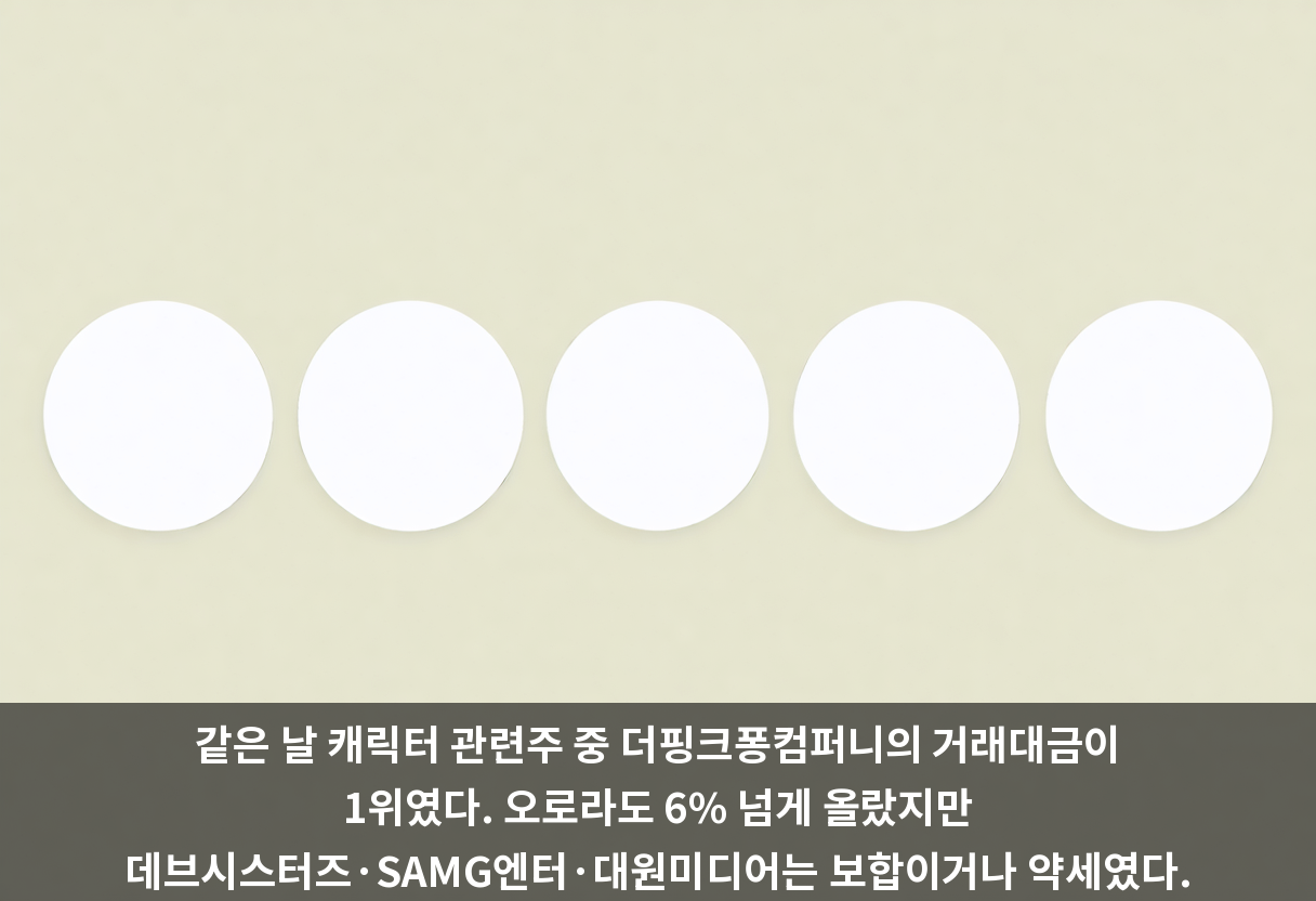 같은 날 캐릭터 관련주 중 더핑크퐁컴퍼니의 거래대금이 1위였다. 오로라도 6% 넘게 올랐지만 데브시스터즈·SAMG엔터·대원미디어는 보합이거나 약세였다.