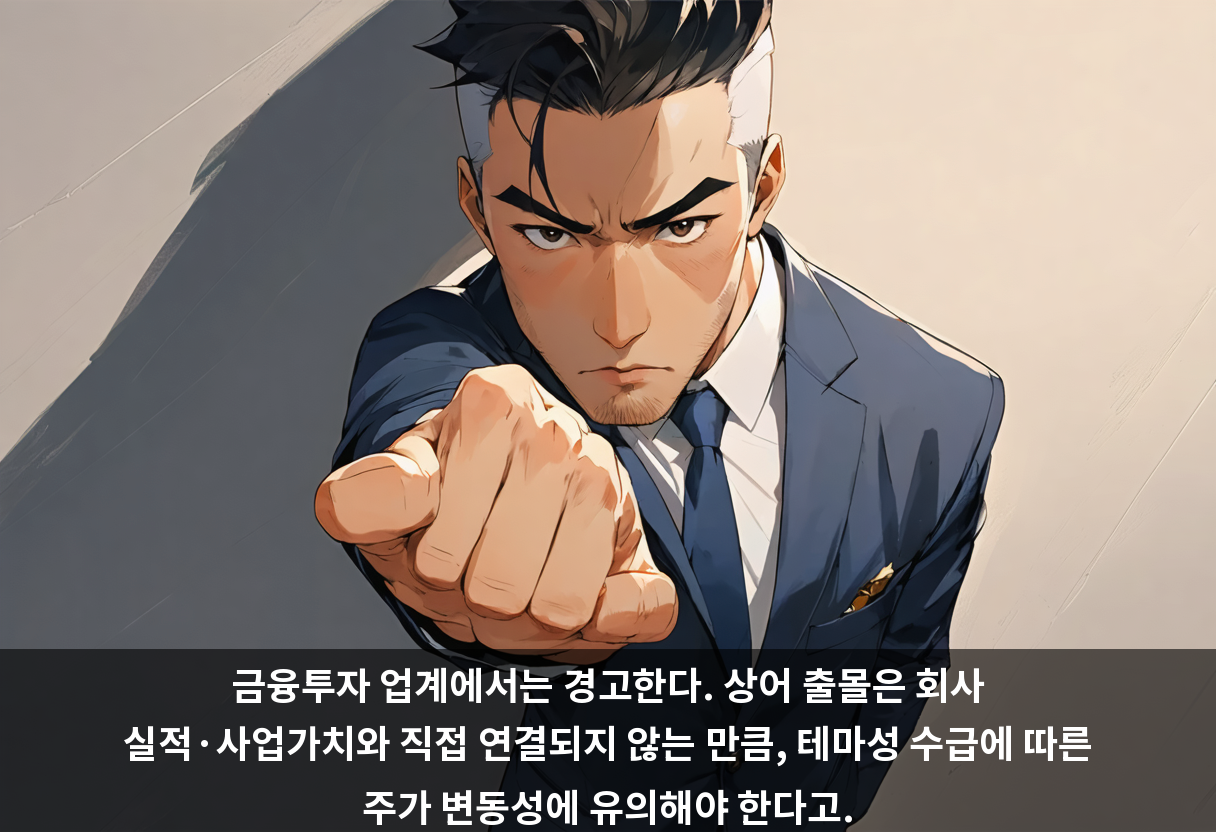 금융투자 업계에서는 경고한다. 상어 출몰은 회사 실적·사업가치와 직접 연결되지 않는 만큼, 테마성 수급에 따른 주가 변동성에 유의해야 한다고.