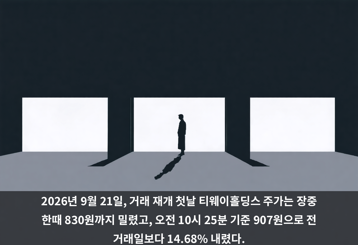 2026년 9월 21일, 거래 재개 첫날 티웨이홀딩스 주가는 장중 한때 830원까지 밀렸고, 오전 10시 25분 기준 907원으로 전 거래일보다 14.68% 내렸다.