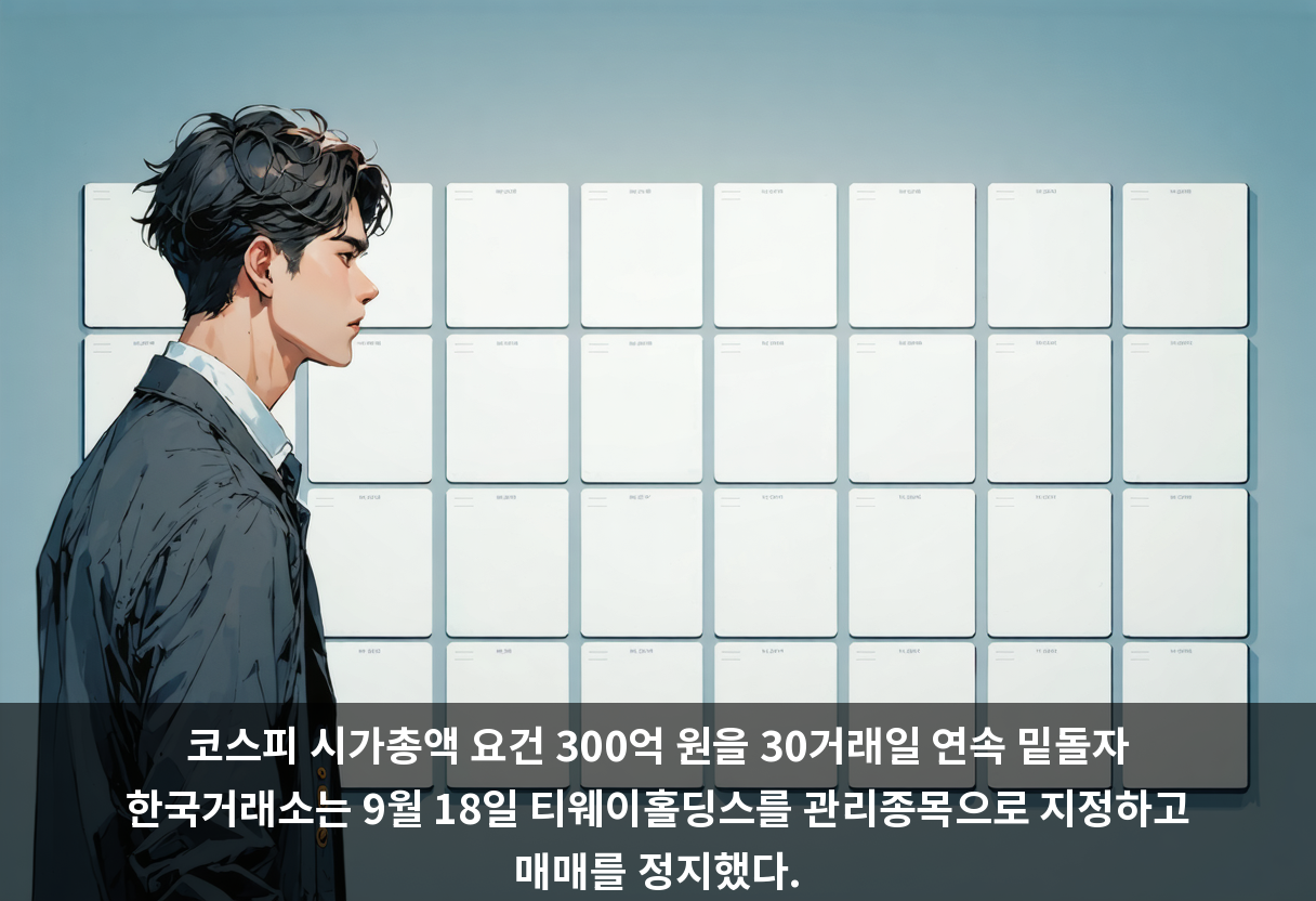 코스피 시가총액 요건 300억 원을 30거래일 연속 밑돌자 한국거래소는 9월 18일 티웨이홀딩스를 관리종목으로 지정하고 매매를 정지했다.
