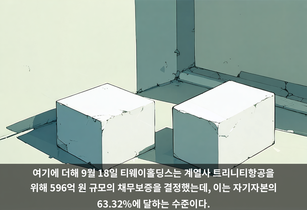 여기에 더해 9월 18일 티웨이홀딩스는 계열사 트리니티항공을 위해 596억 원 규모의 채무보증을 결정했는데, 이는 자기자본의 63.32%에 달하는 수준이다.