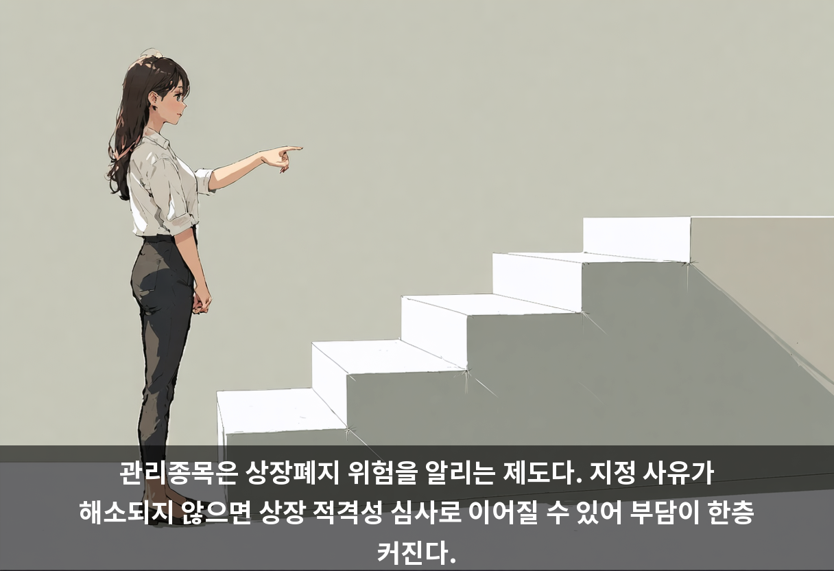 관리종목은 상장폐지 위험을 알리는 제도다. 지정 사유가 해소되지 않으면 상장 적격성 심사로 이어질 수 있어 부담이 한층 커진다.