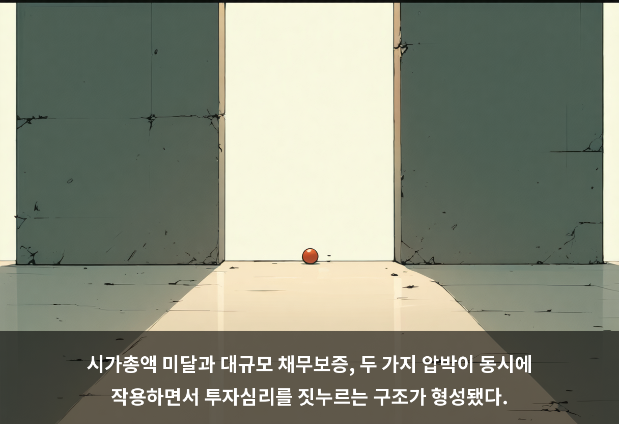 시가총액 미달과 대규모 채무보증, 두 가지 압박이 동시에 작용하면서 투자심리를 짓누르는 구조가 형성됐다.